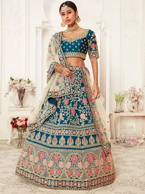 Elegant Blue Floral Embroidery Silk Wedding Lehenga Choli With Beige Dupatta