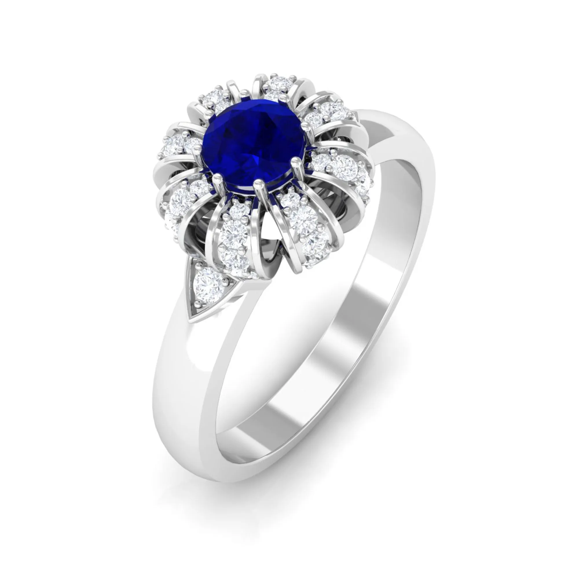 Elegant Blue Sapphire and Diamond Flower Engagement Ring