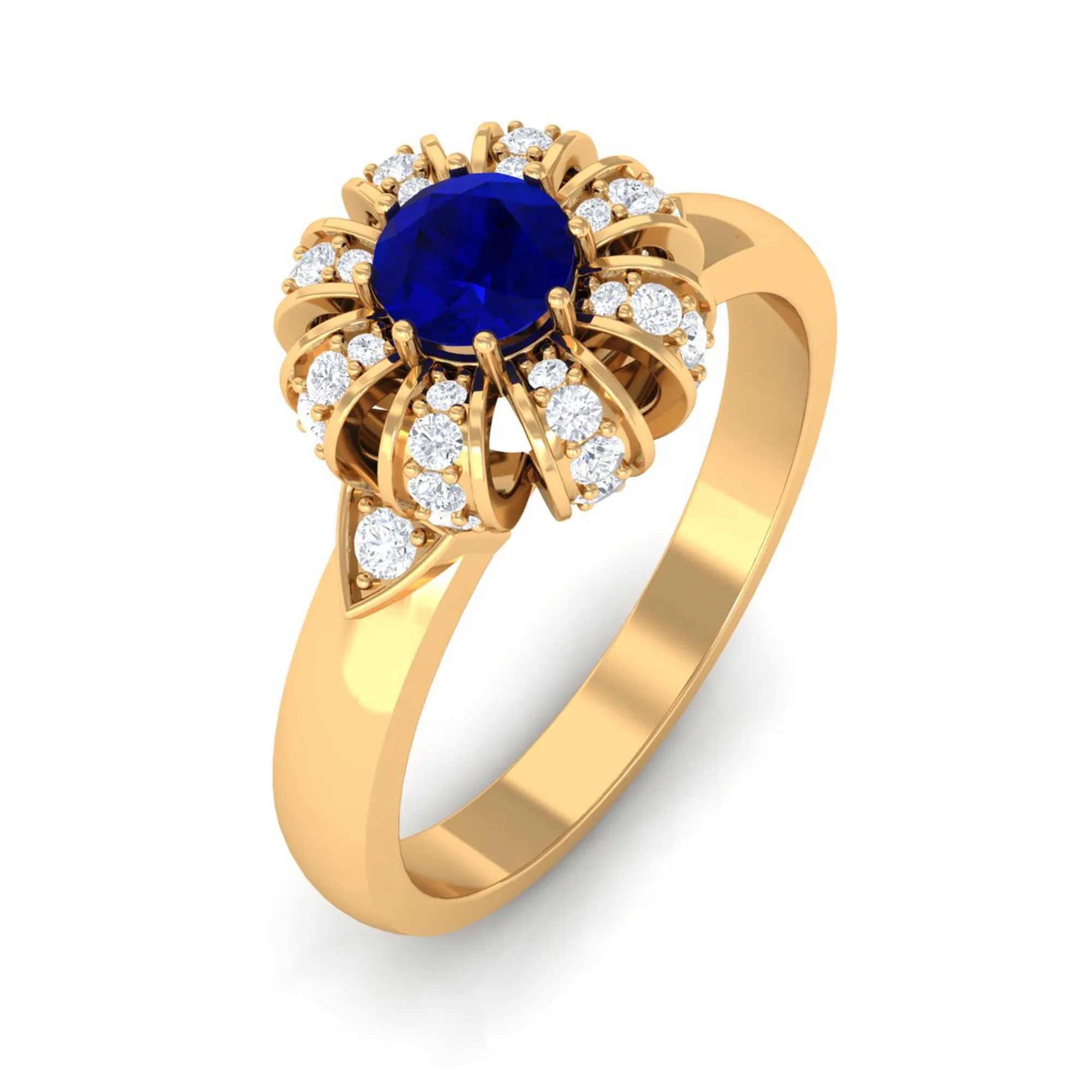 Elegant Blue Sapphire and Diamond Flower Engagement Ring