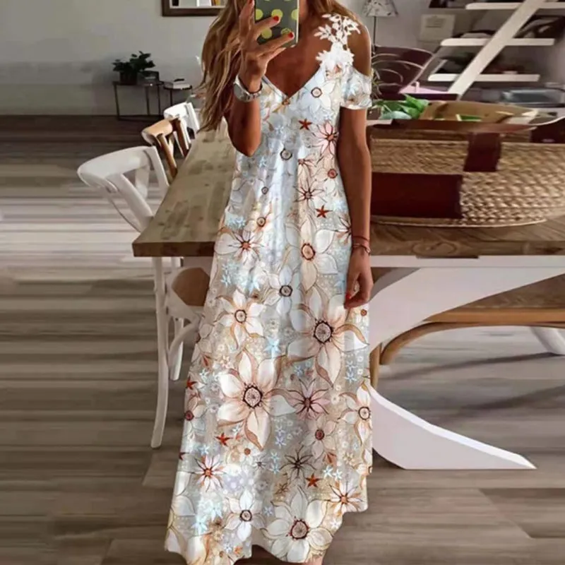 Elegant Bohemian Floral Lace Strap Off Shoulder Maxi Dress