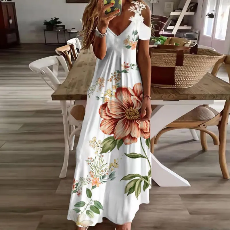 Elegant Bohemian Floral Lace Strap Off Shoulder Maxi Dress