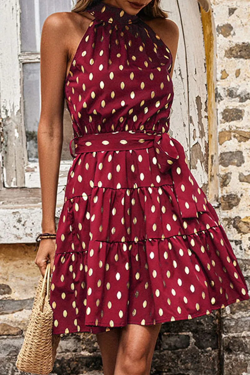 Elegant Bronzing Polka Dot Bandage Fold Halter A Line Dresses