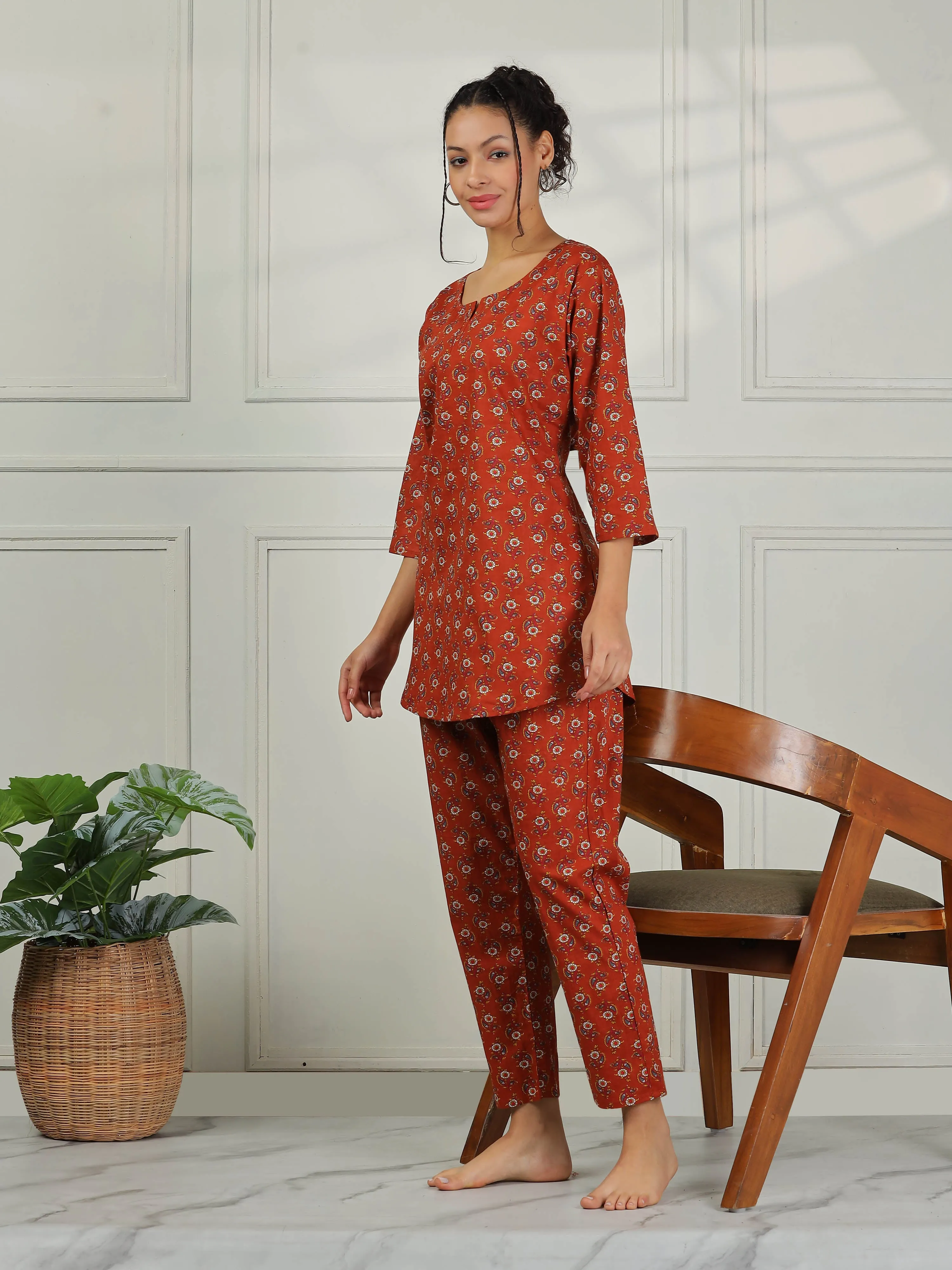 Elegant Brown Cotton Pyjama Set for Women Relaxed Fit Nightwear