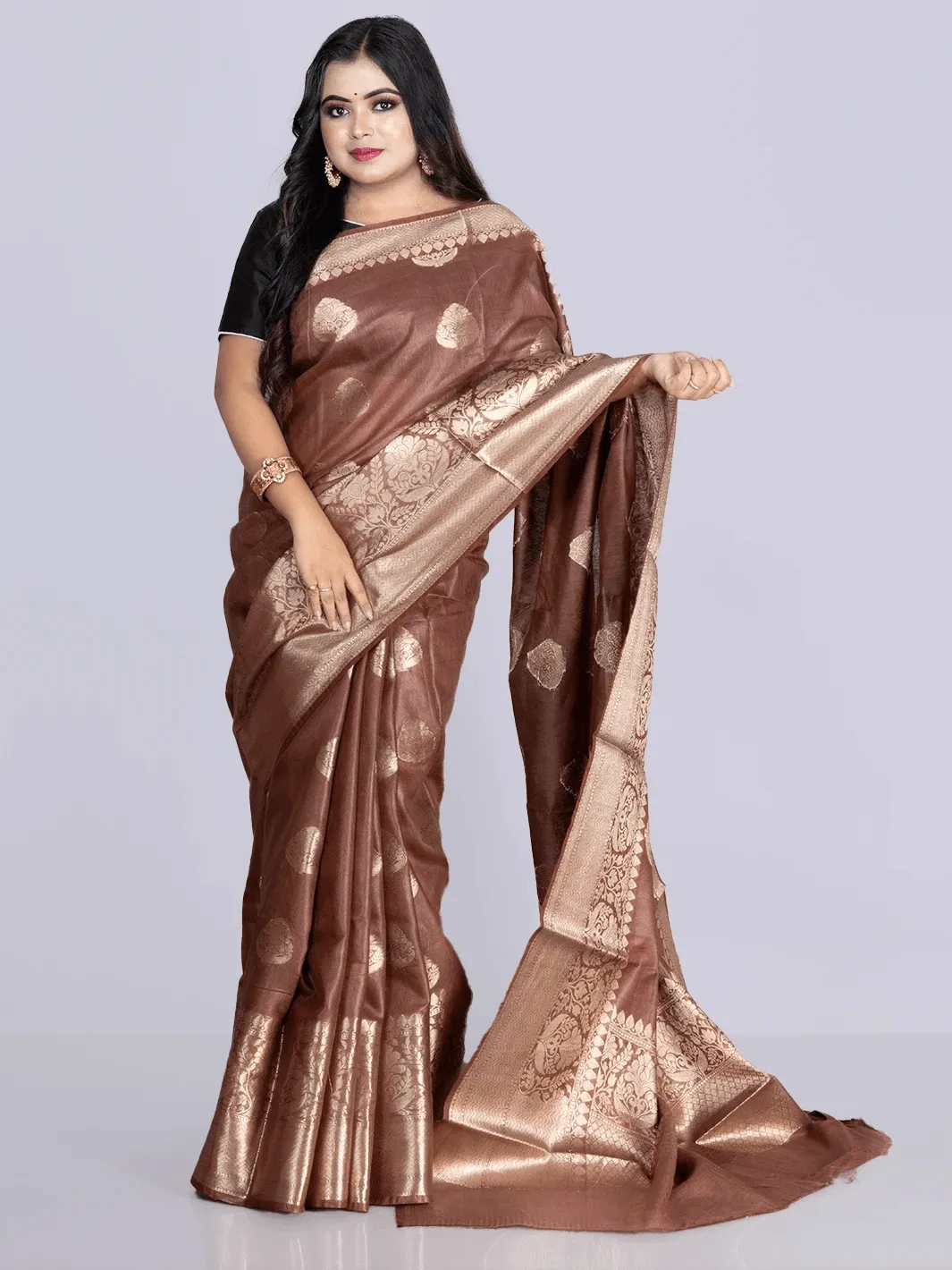 Elegant Brown Par Anchal Buti Linen Silk Saree