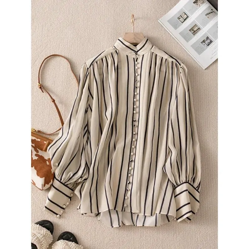 Elegant Button-Down Blouse - Chic Striped Office Lady Style