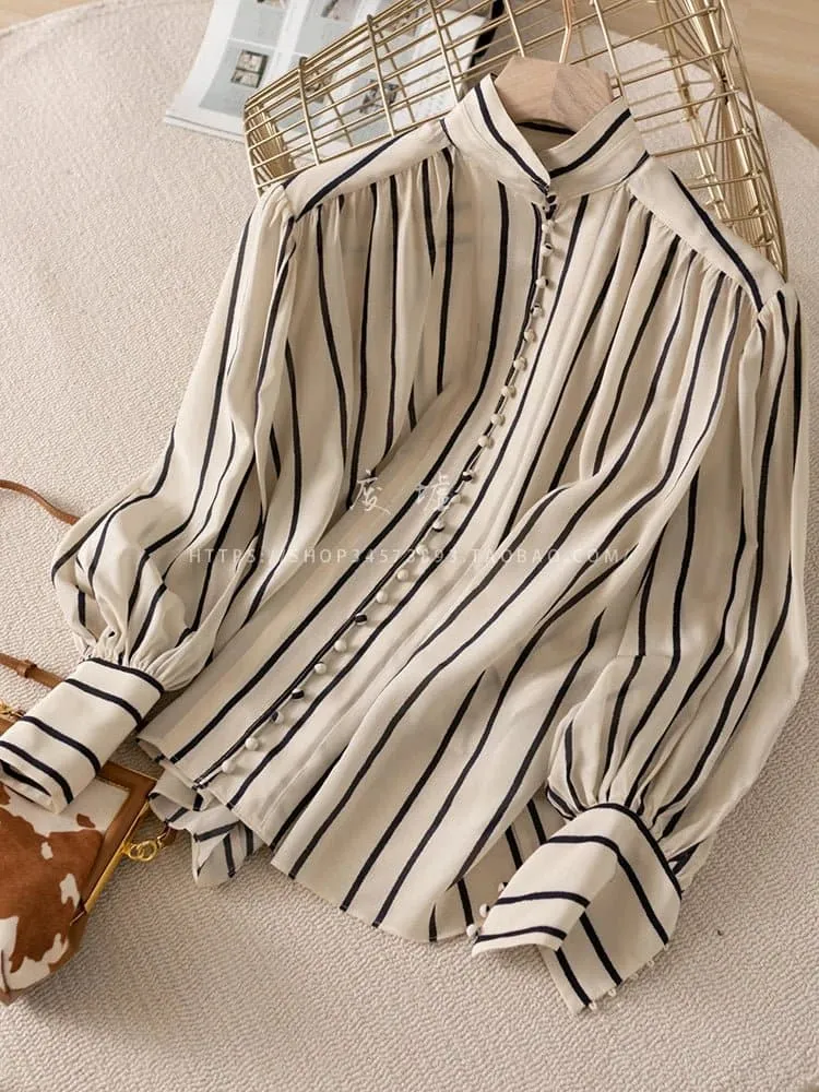 Elegant Button-Down Blouse - Chic Striped Office Lady Style