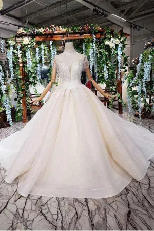 Elegant Cap Sleeves Ball Gown Beading High Neck Wedding Dress  WD378