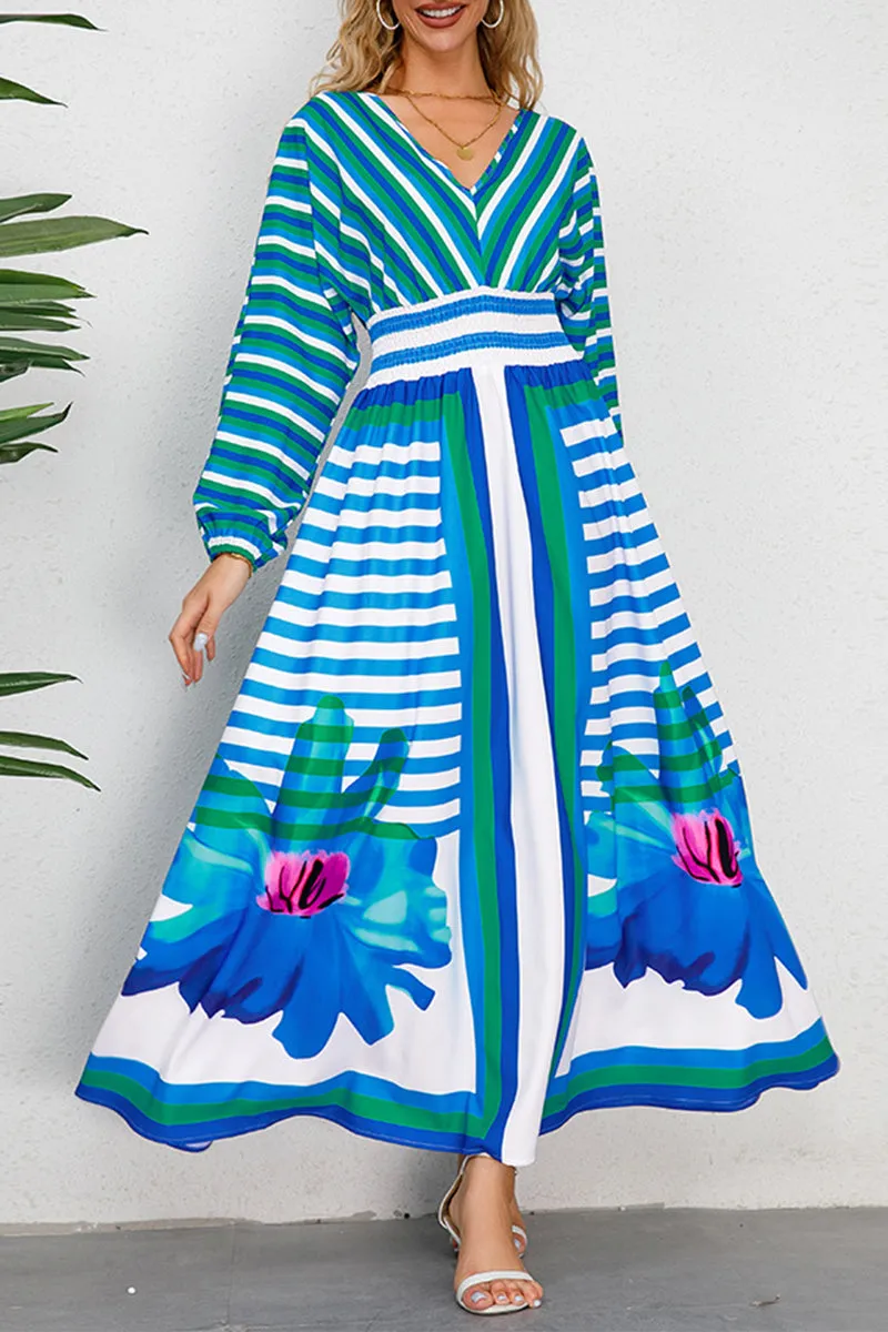 Elegant College Striped Floral Patchwork V Neck Printed Dress Dresses