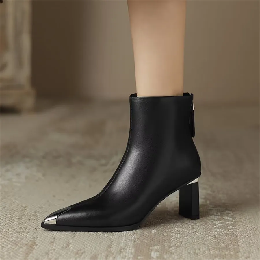 Elegant Cow Leather Pointed Toe Ankle Boots