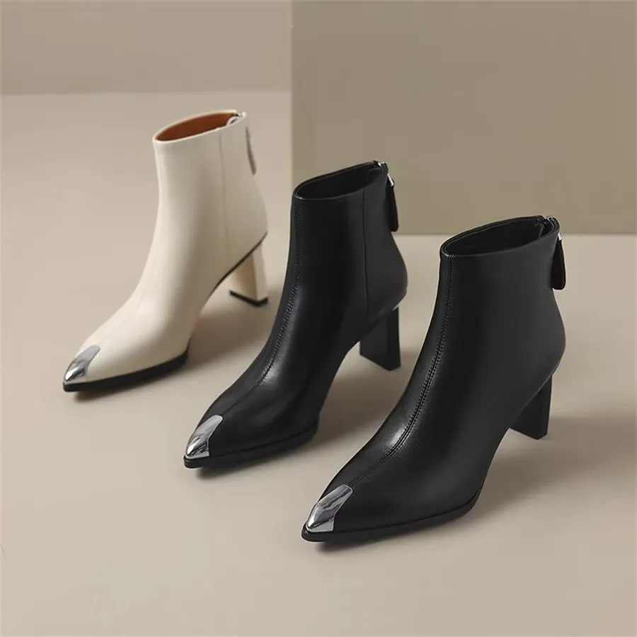 Elegant Cow Leather Pointed Toe Ankle Boots