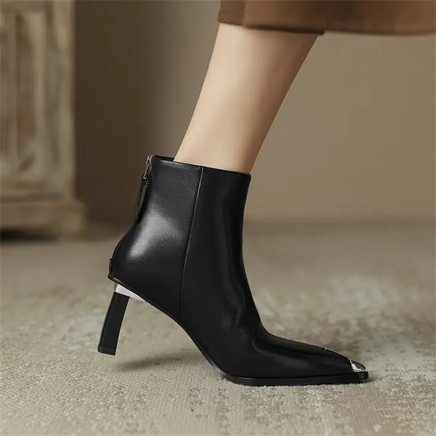 Elegant Cow Leather Pointed Toe Ankle Boots