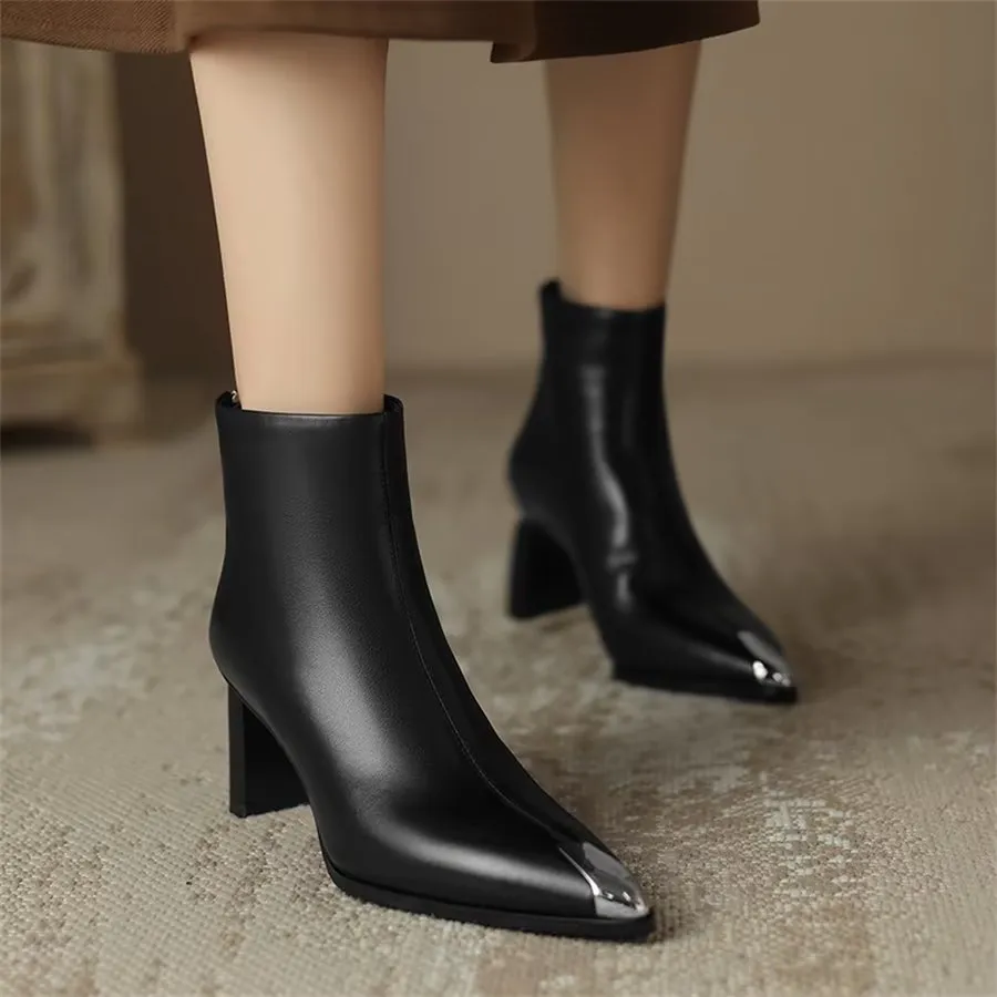 Elegant Cow Leather Pointed Toe Ankle Boots