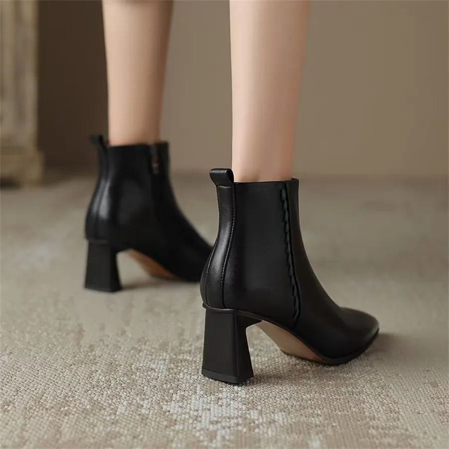 Elegant Cow Leather Pointed Toe Short Ankle Boots