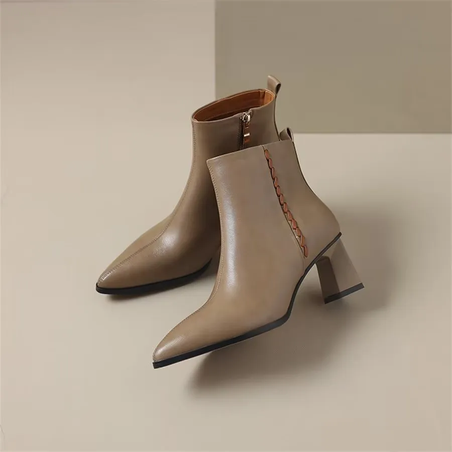 Elegant Cow Leather Pointed Toe Short Ankle Boots