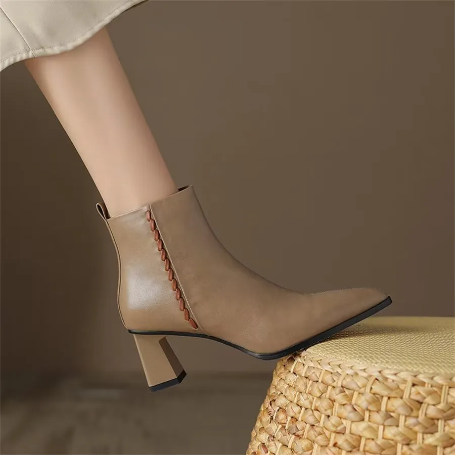 Elegant Cow Leather Pointed Toe Short Ankle Boots