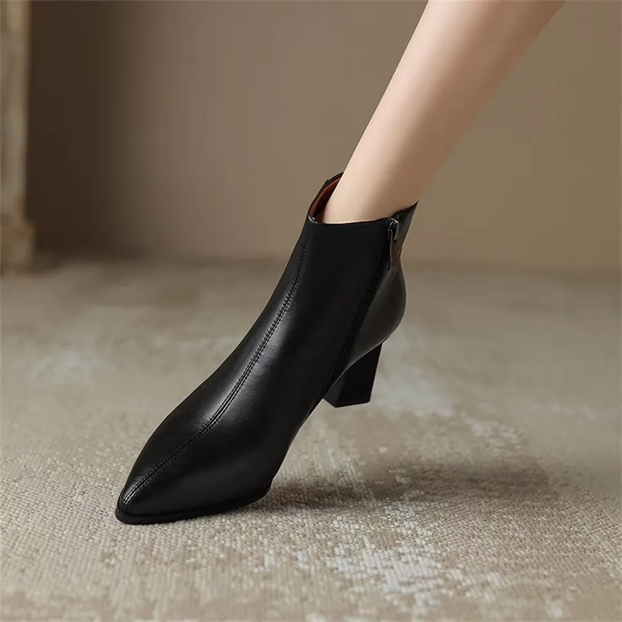 Elegant Cow Leather Pointed Toe Short Ankle Boots