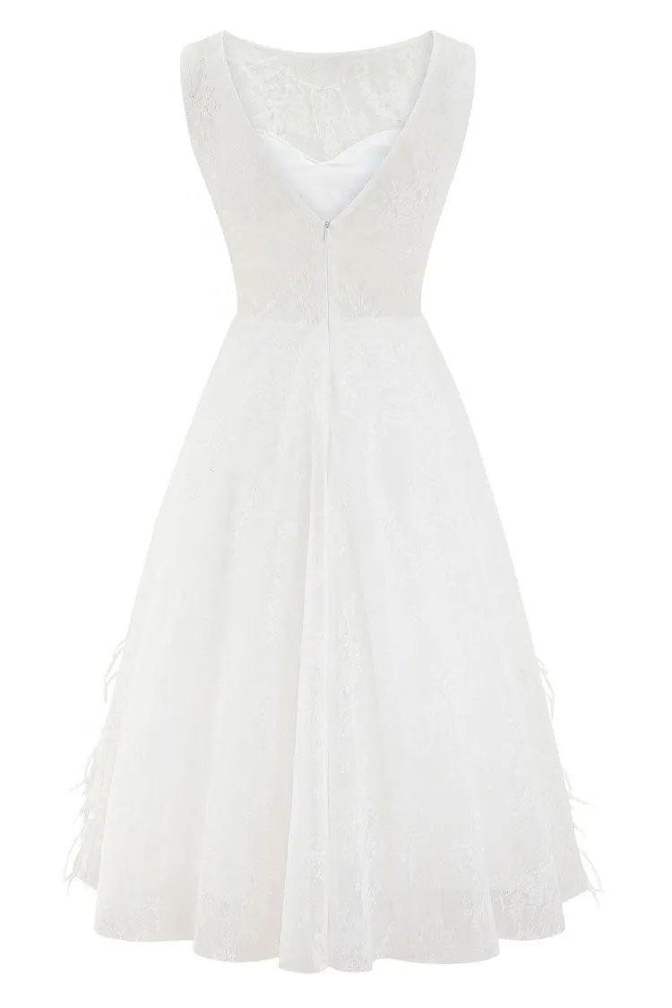 Elegant Crew Neck Sleeveless Beaded Feather Cocktail Party Midi Dress - White