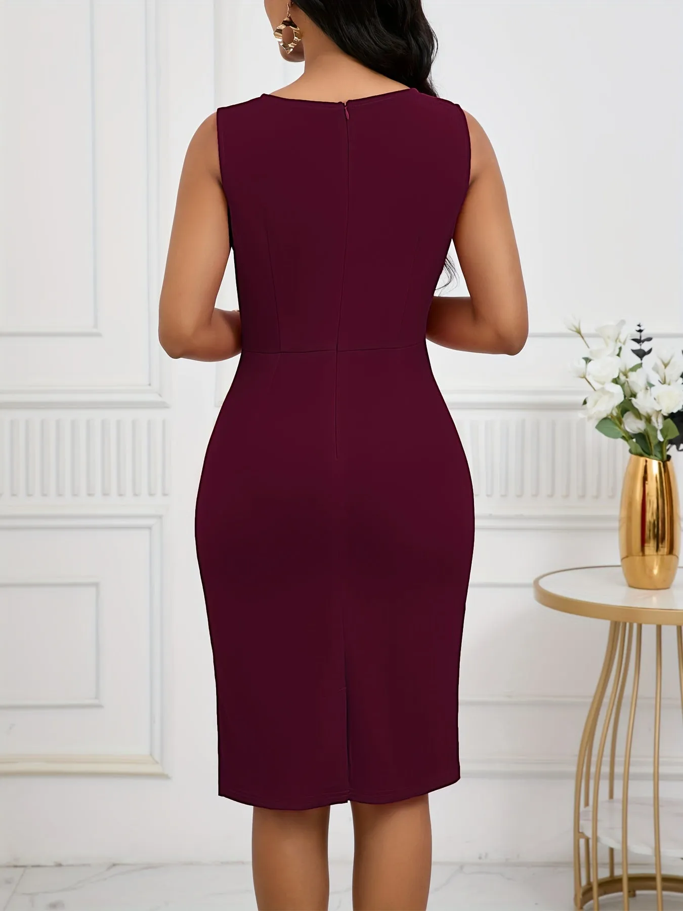 Elegant Crew Neck Sleeveless Pencil Dress for Women - All-Season Knit Fabric