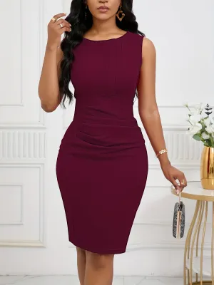 Elegant Crew Neck Sleeveless Pencil Dress for Women - All-Season Knit Fabric