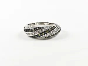 Elegant Cute Diagonal Stripe Design Olive & Clear CZ Band Silver Ring