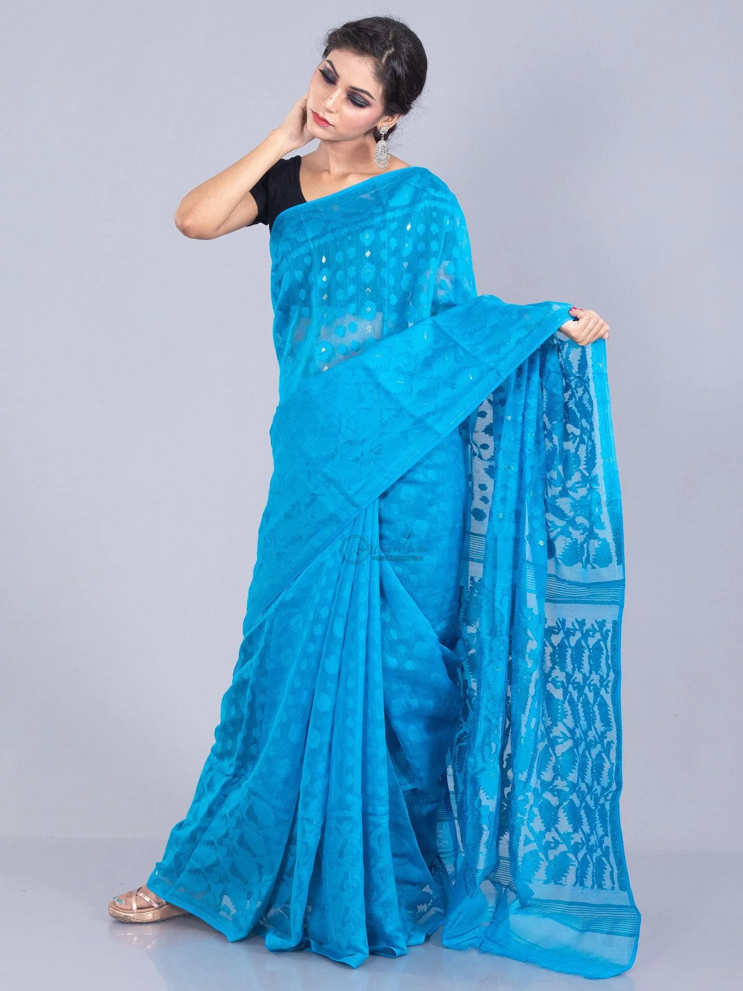 Elegant Cyan allover Soft Dhakai Janmdani Saree