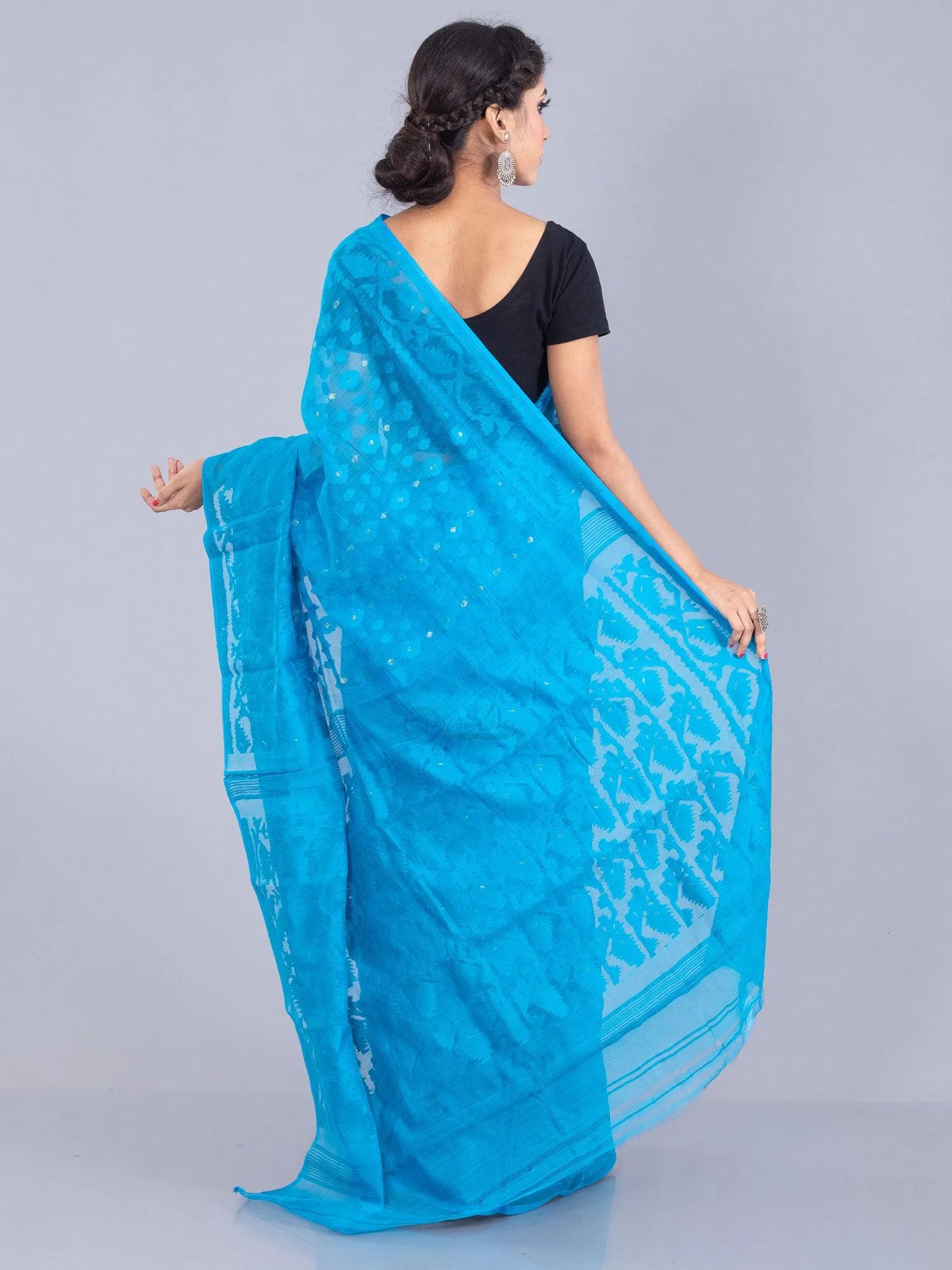 Elegant Cyan allover Soft Dhakai Janmdani Saree