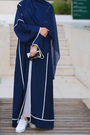 Elegant Dark Blue Abaya with White Trim