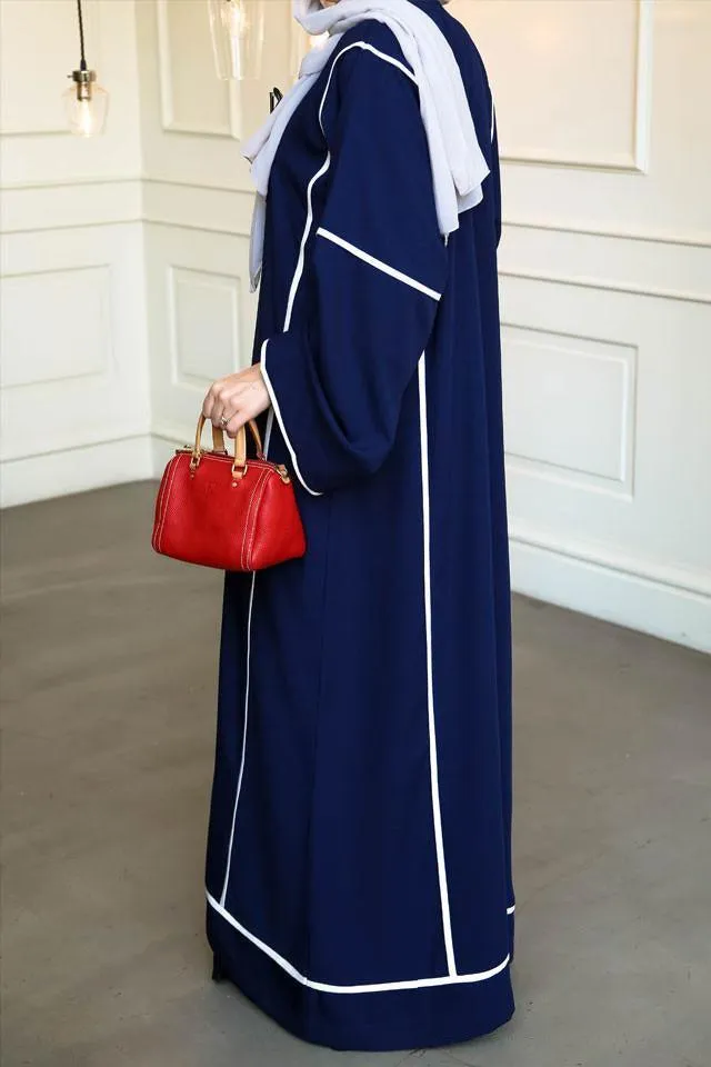 Elegant Dark Blue Abaya with White Trim