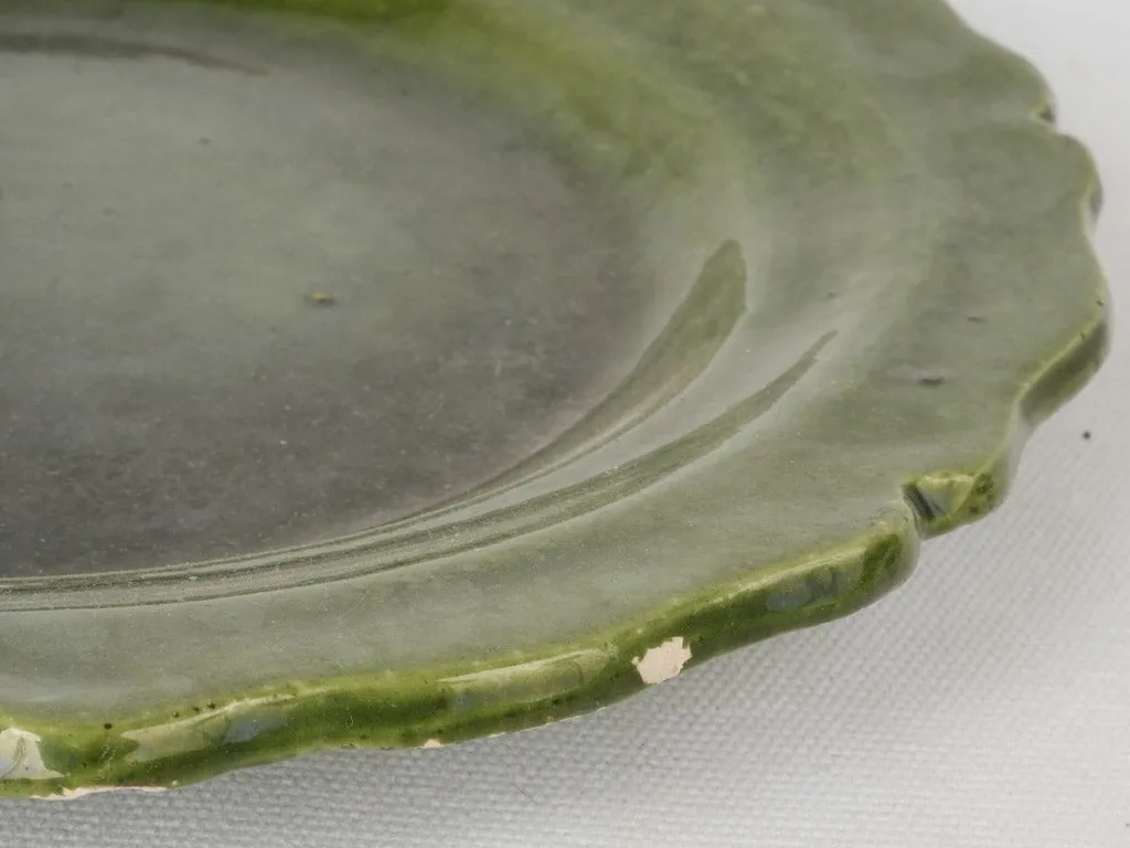 Elegant Dark Green Plate with Scalloped Edge, Dieulefit, 19th Century 11"