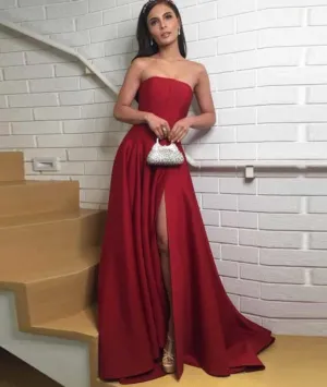 Elegant Dark Red Strapless Satin Long Prom Dresses with Side High Slit, Dark Red Graduation Dress, Formal Dress, Evening Dress