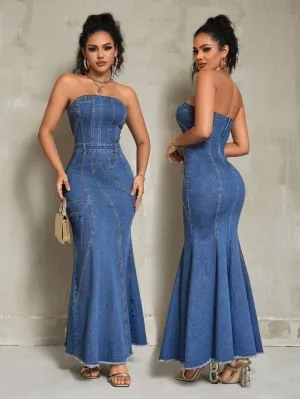 Elegant Denim Strapless Mermaid Hem Maxi Dress