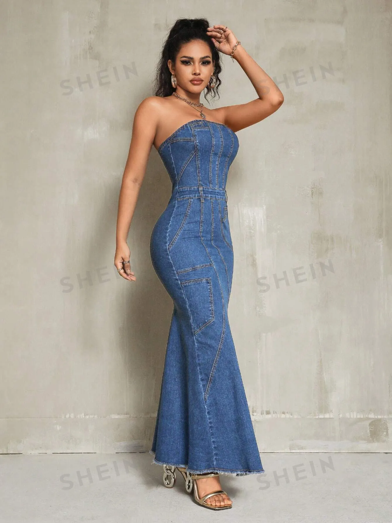 Elegant Denim Strapless Mermaid Hem Maxi Dress