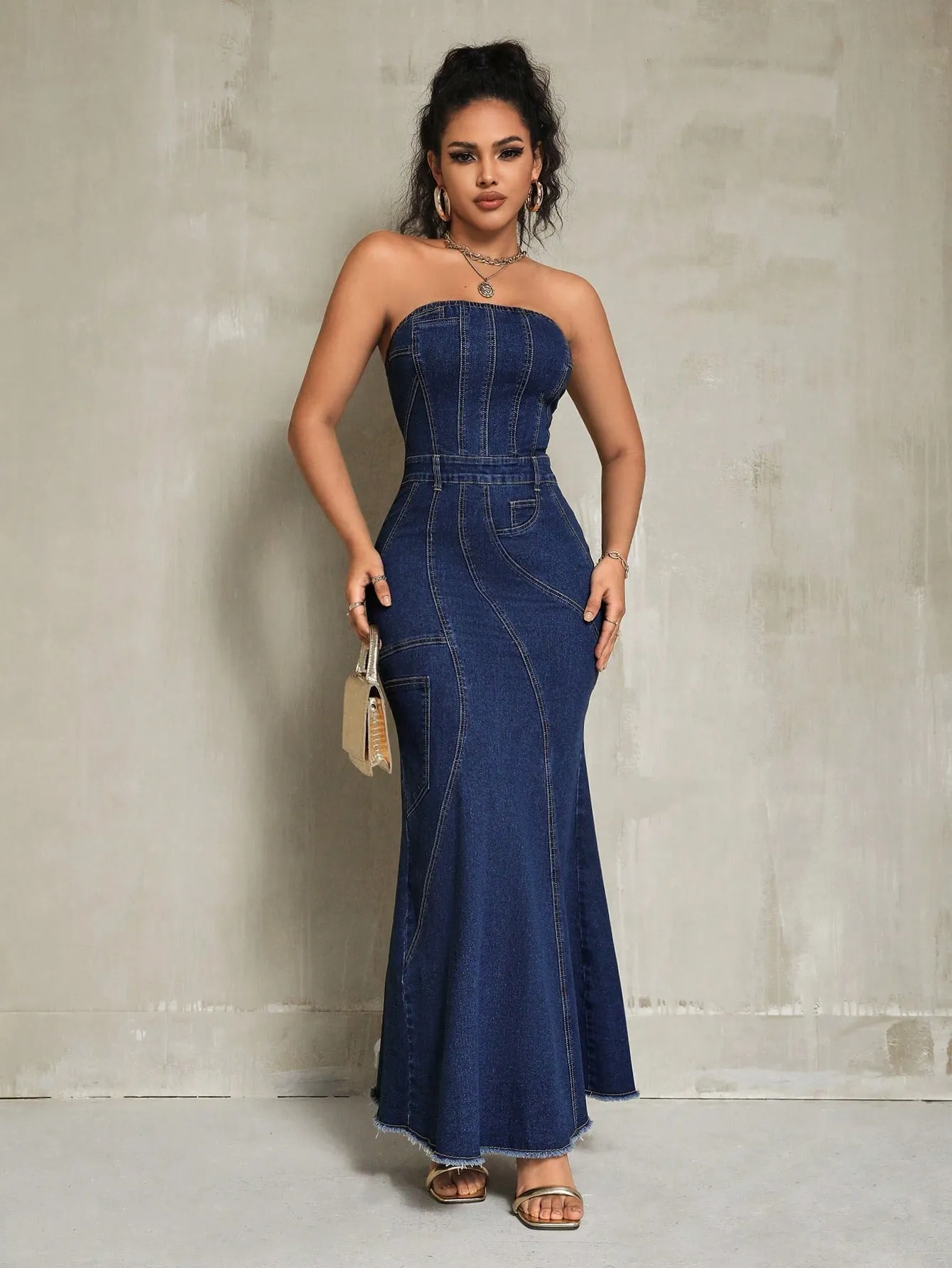 Elegant Denim Strapless Mermaid Hem Maxi Dress