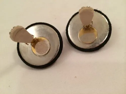 Elegant Domed Pearl & Black Suede Vintage Clip-On Earrings