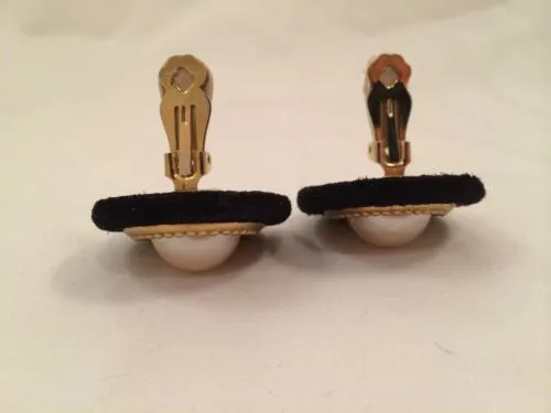 Elegant Domed Pearl & Black Suede Vintage Clip-On Earrings