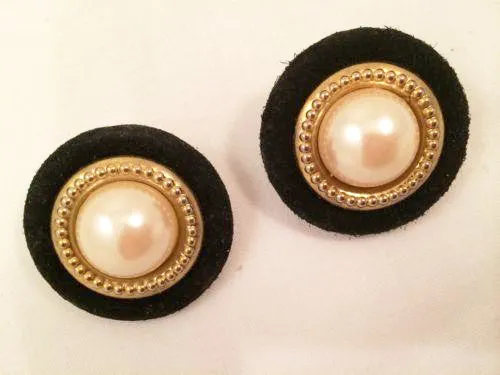 Elegant Domed Pearl & Black Suede Vintage Clip-On Earrings