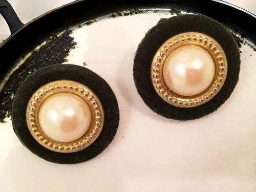 Elegant Domed Pearl & Black Suede Vintage Clip-On Earrings