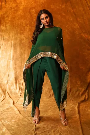 Elegant Emerald Dupatta Cape with Overlap Dhoti & Inner