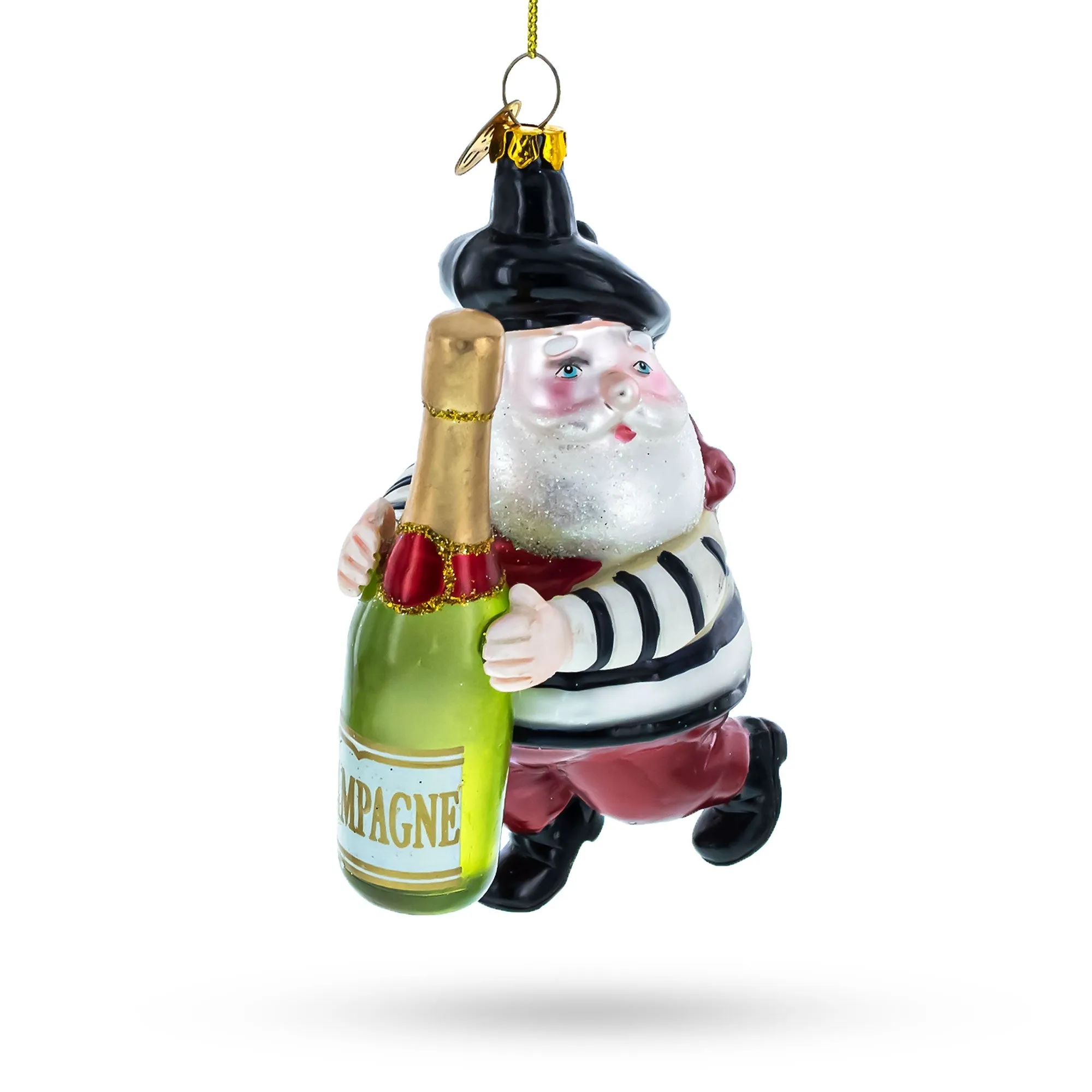 Elegant Epicure: French Santa With Champagne - Blown Glass Christmas Ornament