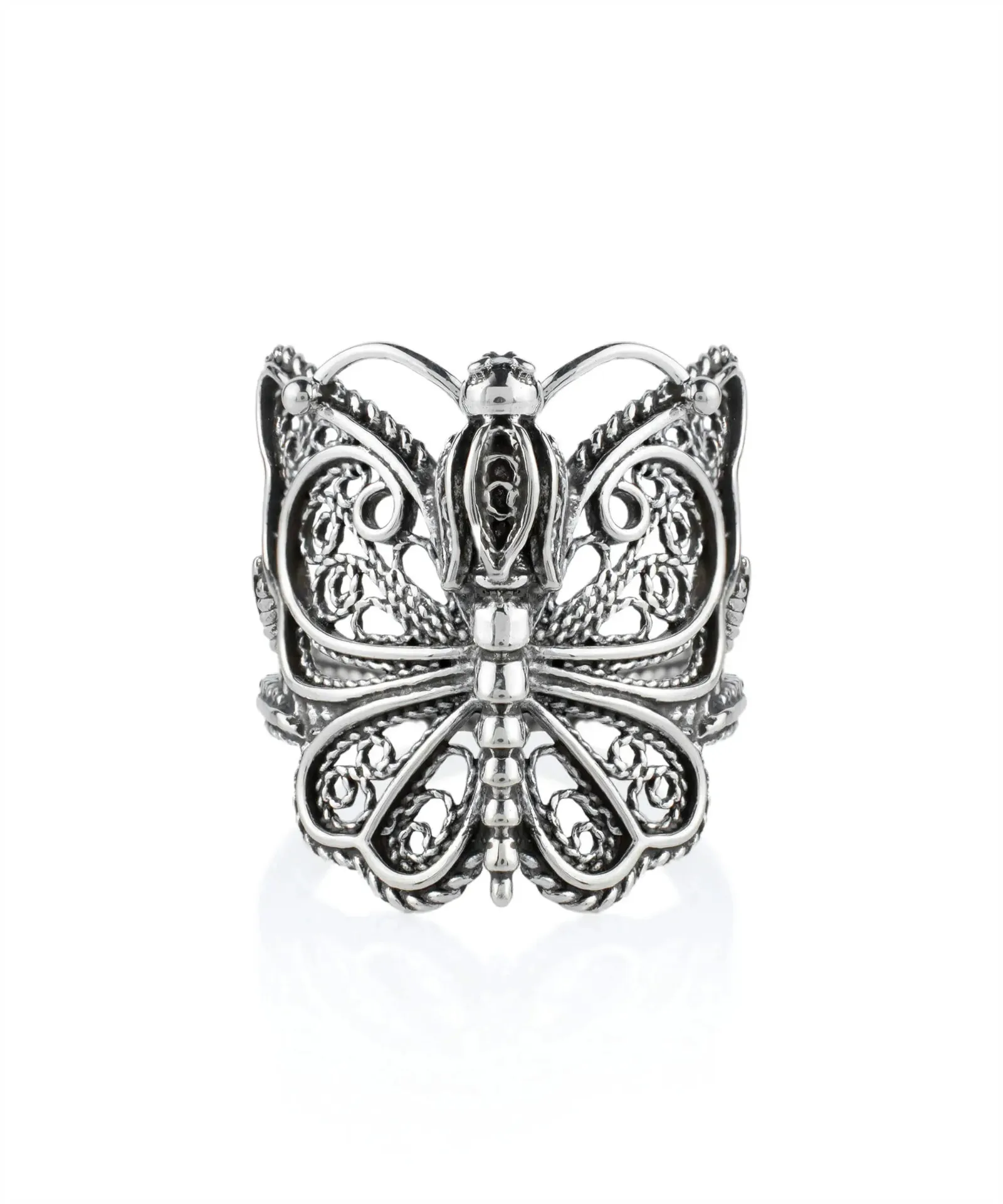 Elegant Filigree Art Crown Butterfly Silver Cocktail Ring - A Statement of Grace