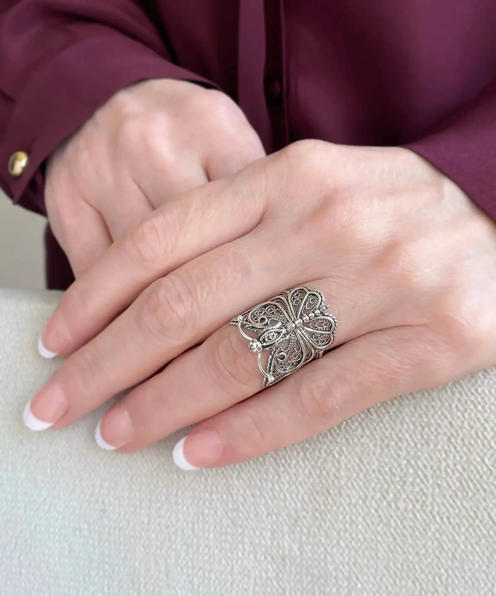 Elegant Filigree Art Crown Butterfly Silver Cocktail Ring - A Statement of Grace