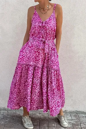 Elegant Floral Pocket Backless V Neck A Line Dresses