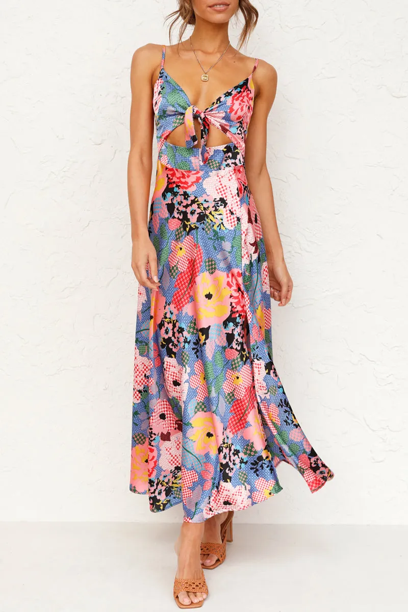 Elegant Floral Slit V Neck Sling Dress Dresses