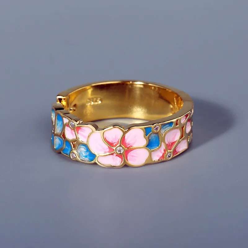 Elegant Flower Enamel Ring for Women with Zircon in 925 Sterling Silver