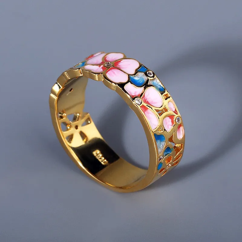 Elegant Flower Enamel Ring for Women with Zircon in 925 Sterling Silver