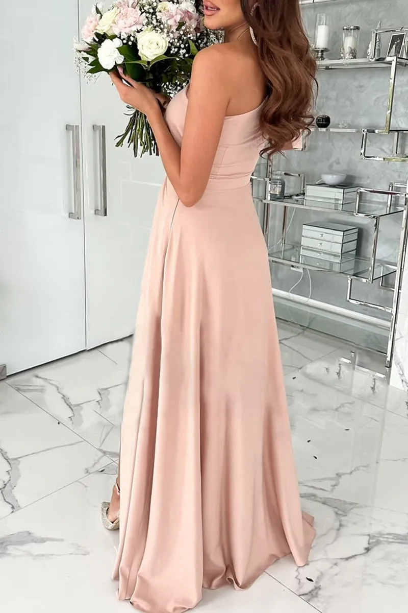 Elegant Formal Solid Backless Oblique Collar Evening Dress Dresses