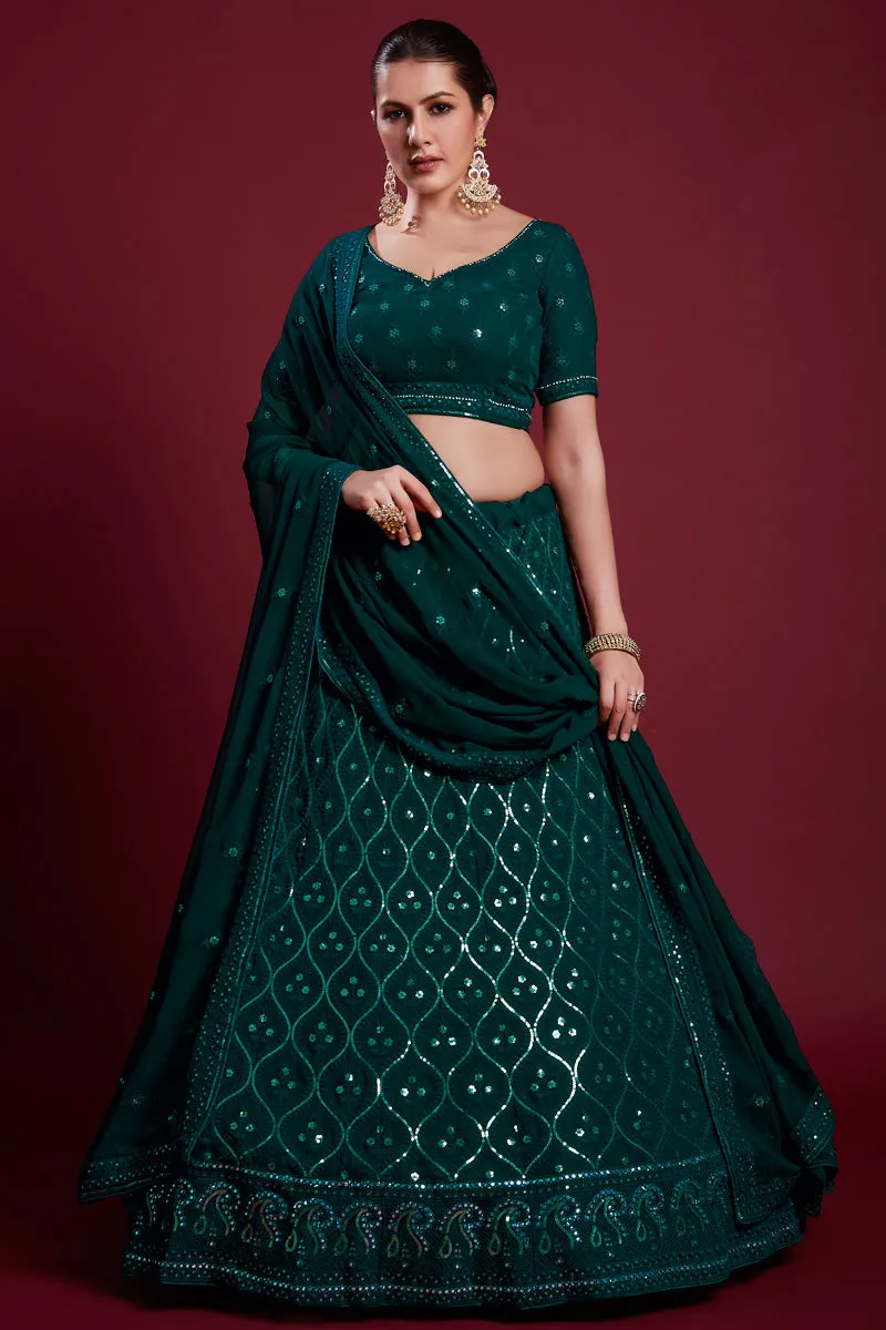 Elegant Georgette Teal Color Lehenga With Embroidered And Thread Work