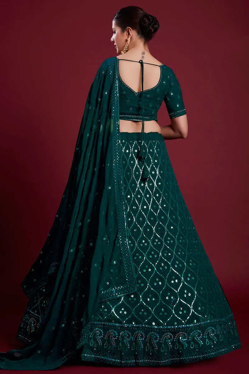 Elegant Georgette Teal Color Lehenga With Embroidered And Thread Work