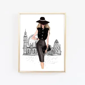 Elegant girl in London art print fashion illustration