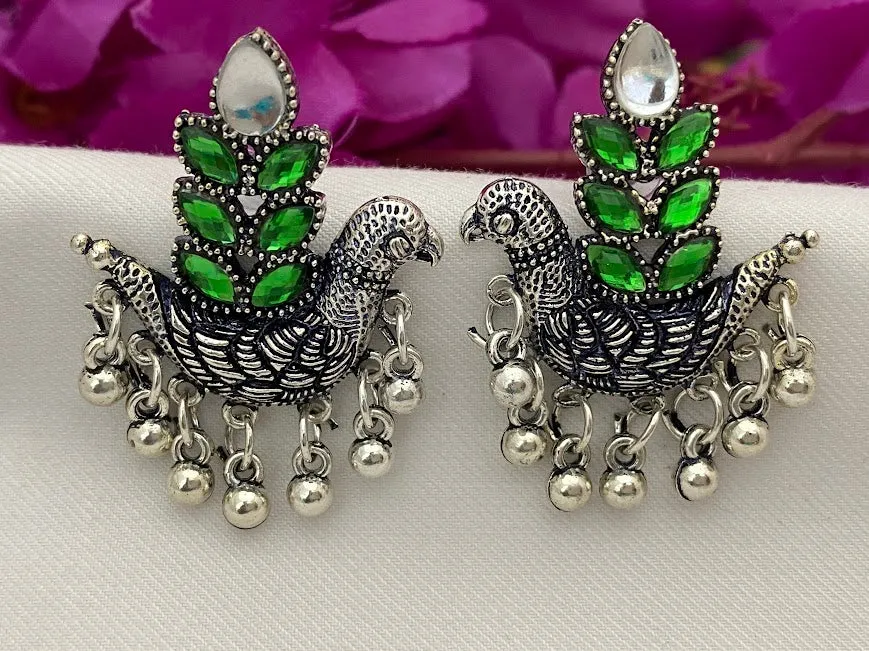 Elegant Glimmering Green Stone Peacock Design Earrings